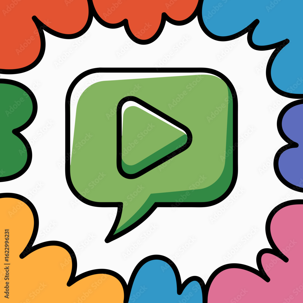 Naklejka premium Play button in speech bubble amid colorful shapes offers a dynamic visual communication tool