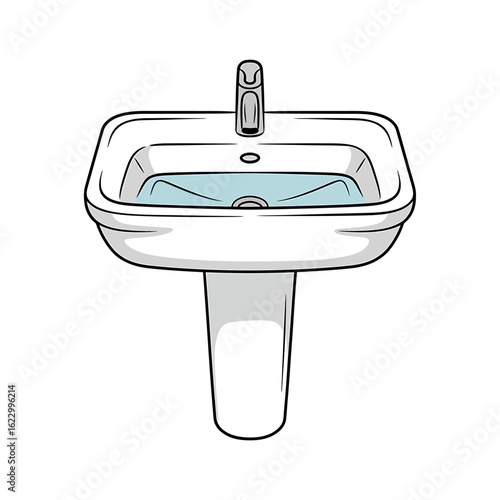 Illustration of a Clean White Pedestal Sink with Water Ready for Washing Hands and Personal Hygiene Practices