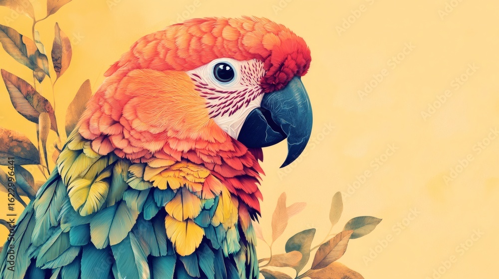 Fototapeta premium Vibrant parrot portrait against a pale yellow backdrop.