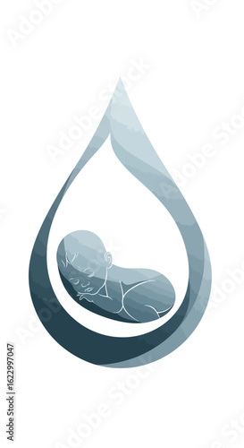 A stylized illustration of a human fetus developing inside a protective water droplet, symbolizing the origin of life and purity.