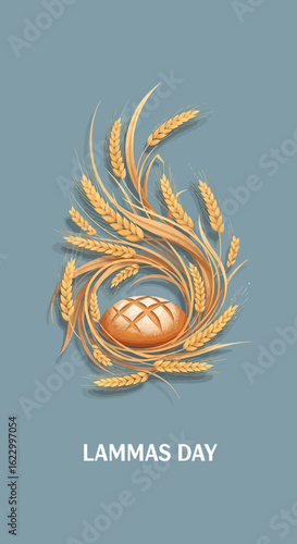 Lammas Day illustration with a loaf of bread and swirling wheat stalks. First harvest festival celebration concept on a blue background.