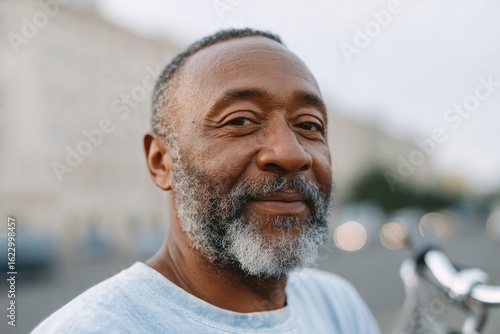 Smiling man with beard stands outdoors, exuding warmth and confi