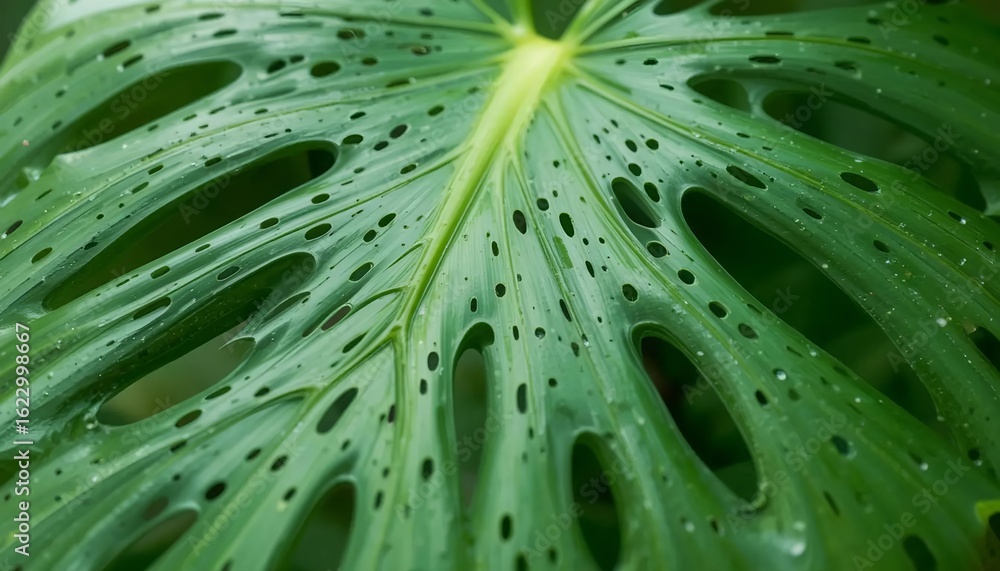 Obraz premium Macro view of a Monstera deliciosa leaf surface, perforated patterns with central veins, vibrant green color.