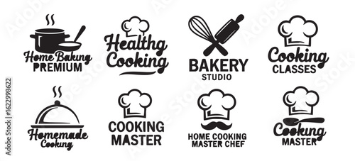 Eight black and white cooking and baking logos with chef hats and kitchen utensils vector