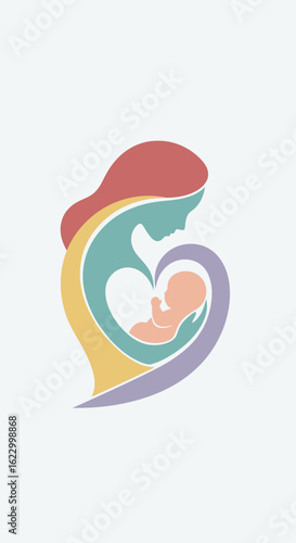 Maternal love concept illustrated with a colorful silhouette of a mother gently holding her baby, forming a heart shape.