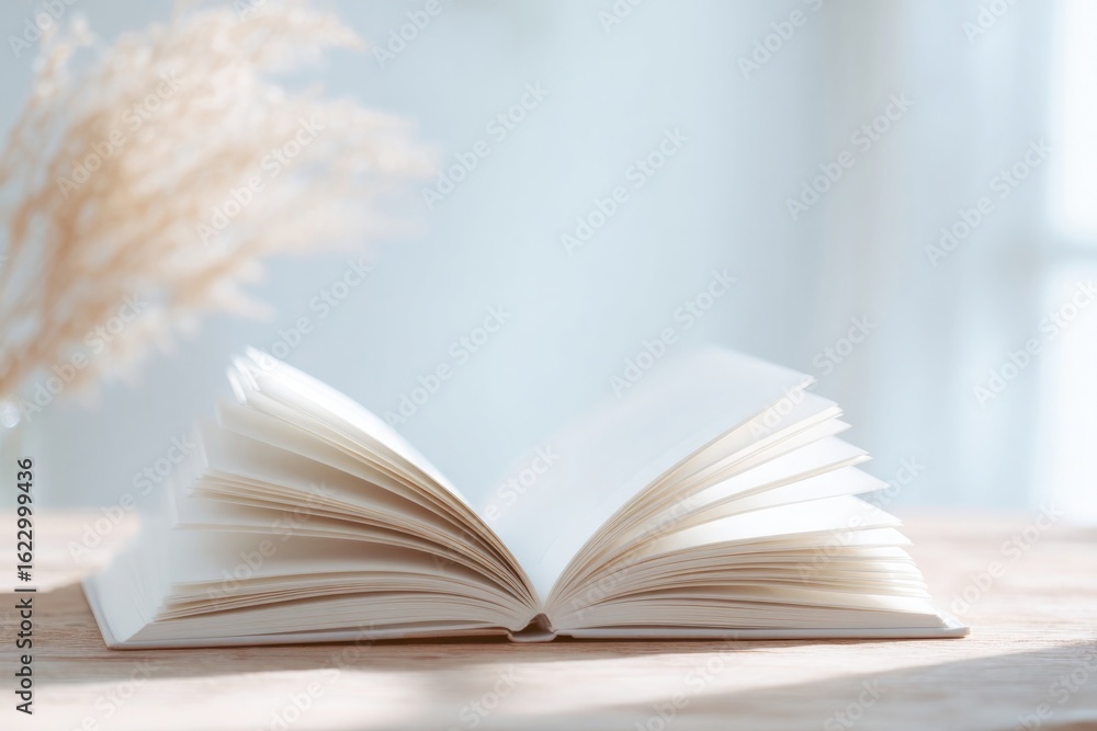 Obraz premium Open book on wooden table, sunlight streaming through window, so