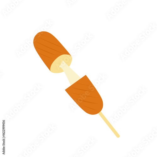 Illustration of a sausage filled with melted cheese. Illustration of a grilled sausage. Flat design of a cheese sausage. Cartoon style sausage illustration 