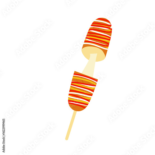 Illustration of a sausage filled with melted cheese. Illustration of a grilled sausage. Flat design of a cheese sausage. Cartoon style sausage illustration 
