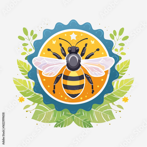 Honeybee illustration featuring a detailed bee design with foliage and badge style background