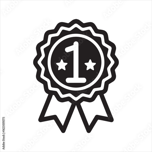First place award ribbon icon, number 1 winner medal symbol.

