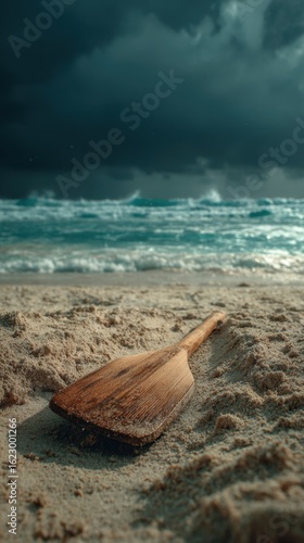 A wooden oar resting on a sandy beach with ocean waves in the background, under a cloudy sky. The scene evokes a sense of solitude, exploration, and the vastness of the sea.