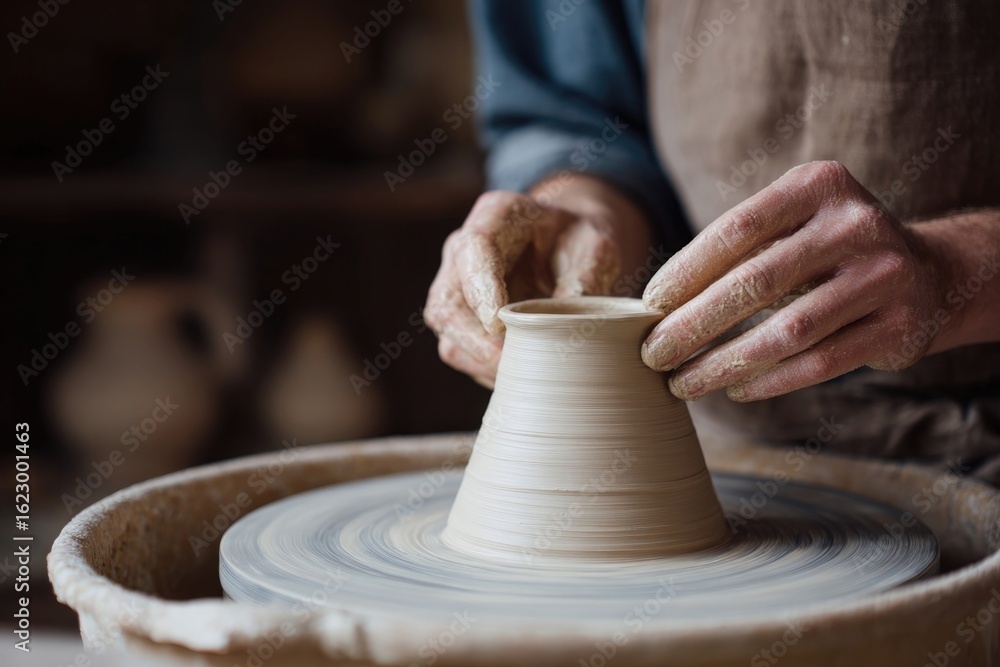 Hands skillfully shaping clay on potter's wheel, creating unique Hands skillfully shaping clay on potter's wheel, creating unique