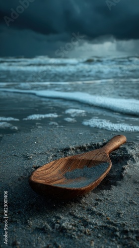 A wooden oar resting on a sandy beach with ocean waves in the background, under a cloudy sky. The scene evokes a sense of solitude, exploration, and the vastness of the sea.