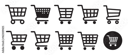 Ten black shopping cart icons on white background with one in a circle trolley commerce