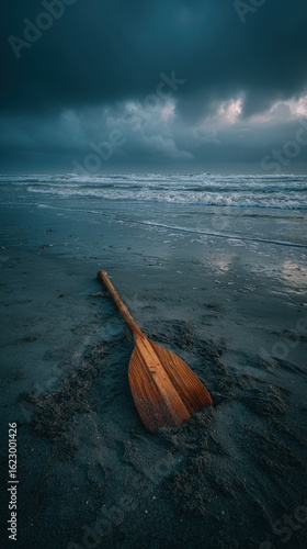 A wooden oar resting on a sandy beach with ocean waves in the background, under a cloudy sky. The scene evokes a sense of solitude, exploration, and the vastness of the sea.