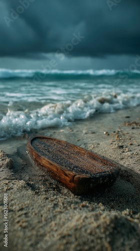 A wooden oar resting on a sandy beach with ocean waves in the background, under a cloudy sky. The scene evokes a sense of solitude, exploration, and the vastness of the sea.