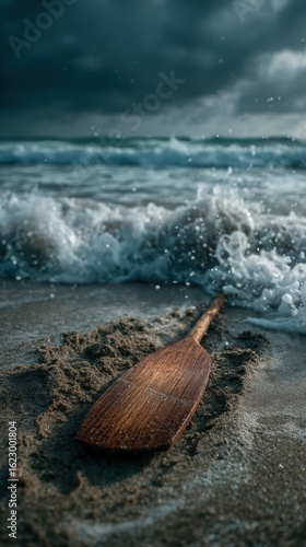 A wooden oar resting on a sandy beach with ocean waves in the background, under a cloudy sky. The scene evokes a sense of solitude, exploration, and the vastness of the sea.