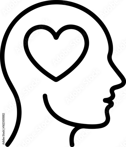 Outline of a human head with a heart symbol inside representing love and emotion