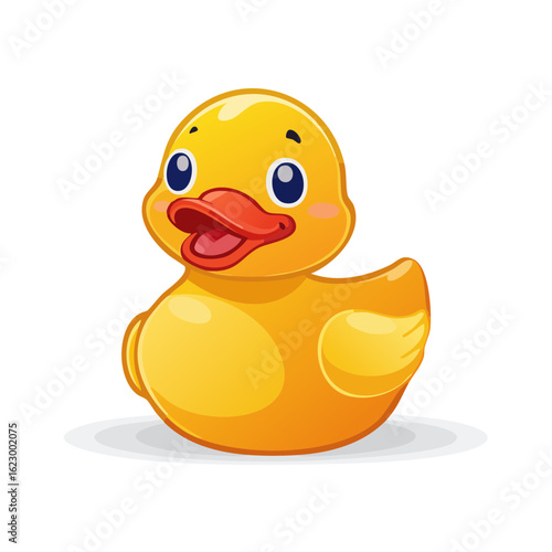 Yellow Rubber Duck Cartoon Illustration. Smiling face, bath toy on black background.