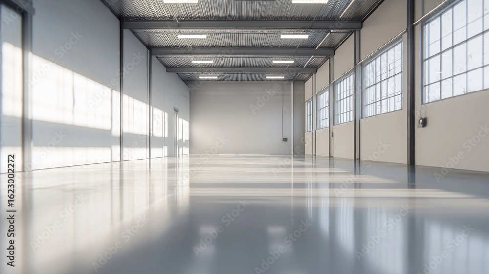 Obraz premium A spacious, empty warehouse with white walls and large windows, illuminated by natural light.