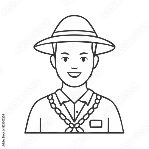 Boy Scout Doodle Illustration Smiling Child in Uniform with Hat and Badge Boy Scout Linear Design