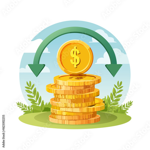Gold coins stack with dollar sign and green arrow, money circulation concept