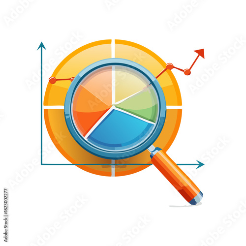 Analyzing growth trends Magnifying glass focusing on data pie chart analysis Financial reporting statistics and success concept