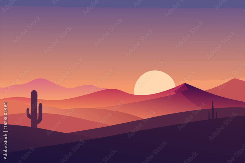 Fototapeta premium desert cactus landscape at sunset with sand dunes .eps
