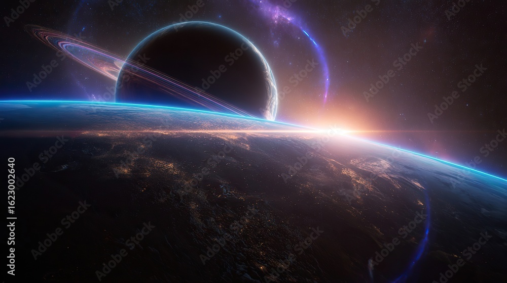 Fototapeta premium A majestic planet with glowing rings floating in a star-filled cosmic landscape.