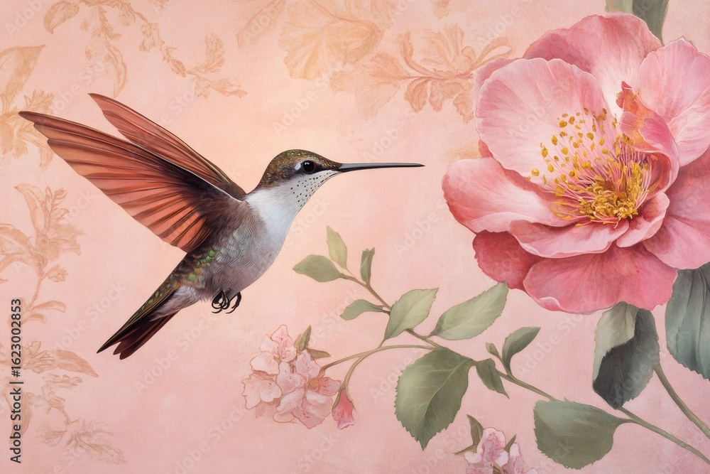 Fototapeta premium Beautiful hummingbird flying near a pink flower with vintage wallpaper in the background, creating a delicate and elegant atmosphere