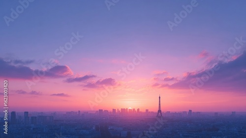 Vibrant sunset over city skyline, hues of purple and pink create