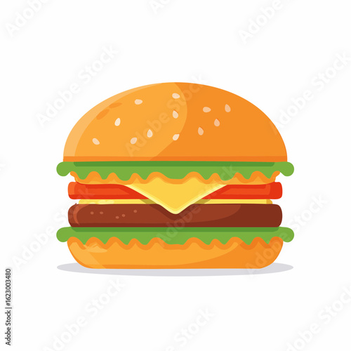 Detailed illustration of a colorful and appetizing burger with sesame seeds on top