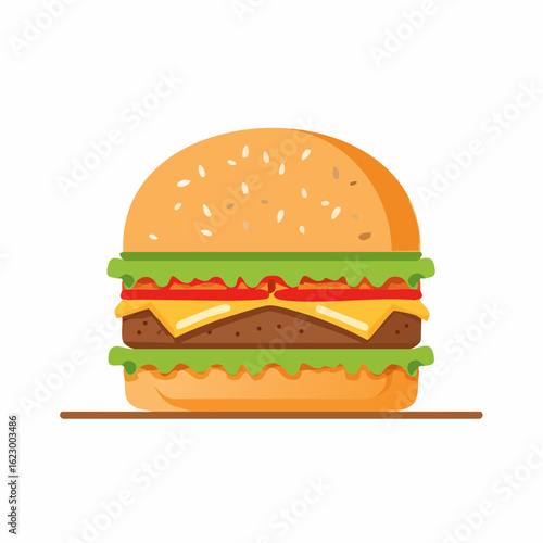 A stylized illustration of a cheeseburger featuring fresh and colorful ingredients