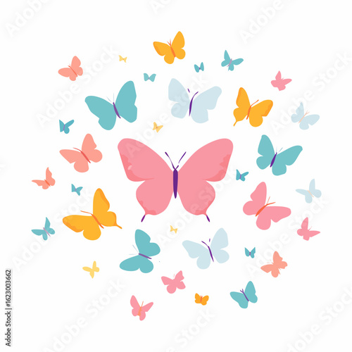 Delicate Butterfly Assemblage: A Colorful Composition of Fluttering Insects on White Background
