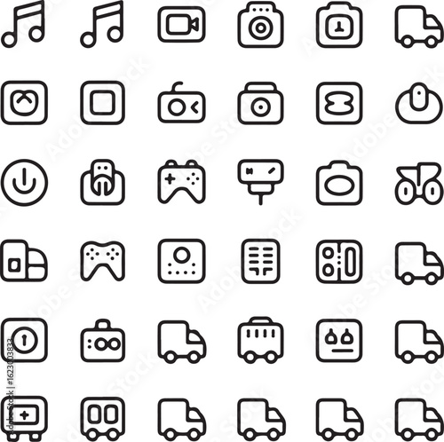 Music camera power button game controller and delivery truck icons note video