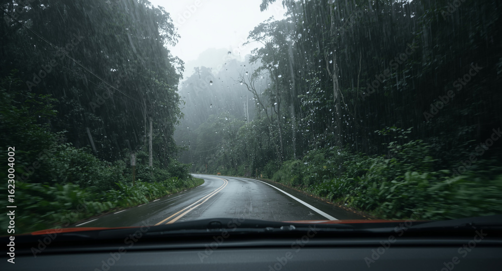 Fototapeta premium A winding road through a lush, green forest is drenched in heavy rain, creating a moody and atmospheric scene.