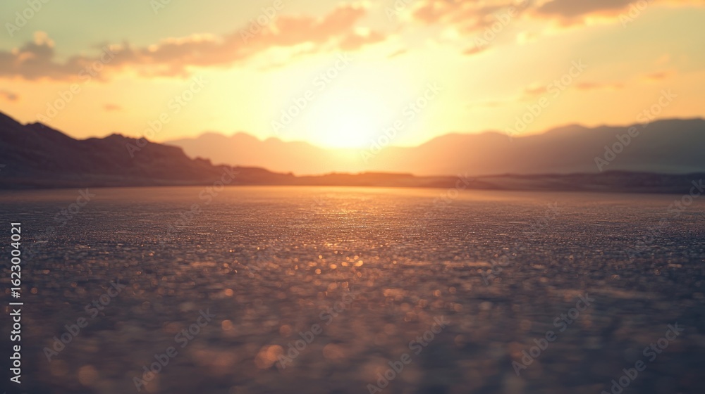 Obraz premium A vast, empty desert landscape with a setting sun casting a warm glow over the horizon. The sky is a gradient of orange and yellow hues