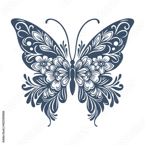 Vector illustration of butterfly silhouette in floral style, combining graphic pattern and animalistic forms for artistic and botanical designs.