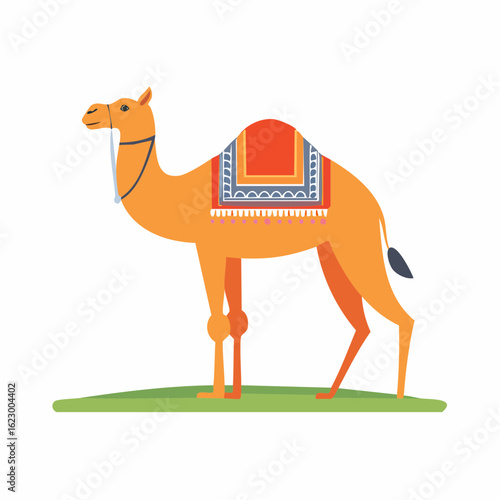 Cartoon camel with a decorative saddle standing gracefully on green grass patch