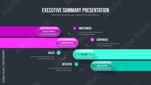 Digital Introduction 4 Step Diagram Slideshow Template. Modern Proposal Slide Design Vector Illustration. Creative Forecast Four Element Infographic Frame Layout.