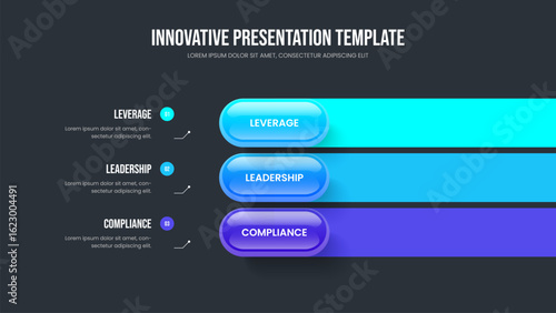 Professional Forecast 3 Option Infographic Slideshow Layout. Service Review Three Element Diagram Slide Template. Company Innovation Frame Design Vector Illustration.