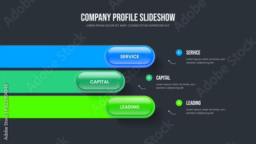 Market Strategy Three Option Infographic Slideshow Template. Creative Profile 3 Element Diagram Frame Design. Consulting Analysis Presentation Layout Vector Illustration.