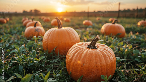 Pumpkins on agricultural field.