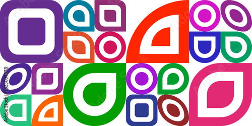 Vector background, Bauhaus-style pattern with simple shapes of circle, square, drop, oval, semicircle.