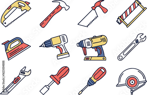 Illustration of twelve different construction tools including saws hammers drills and safety equipment tools