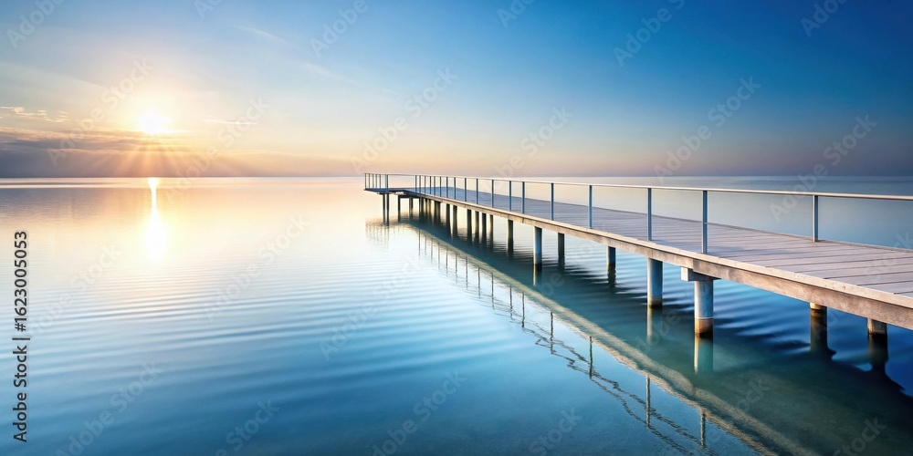 Obraz premium Serene sunrise over tranquil water, reflecting a peaceful pier extending into the calm sea, a picturesque scene of serenity and peace