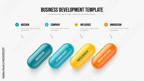 Professional Review Frame Layout Vector Illustration. Marketing Visualization Four Element Infographic Slideshow Design. Corporate Development 4 Option Diagram Presentation Template.
