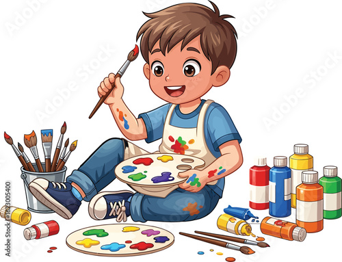 Creative young boy artist happily painting with a colorful palette. Cartoon vector illustration of a child's art hobby and imagination.