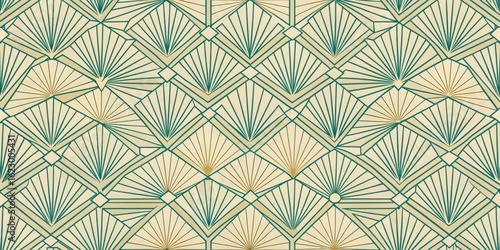 Fototapeta Naklejka Na Ścianę i Meble -  Elegant Teal and Beige Geometric Fan Pattern Design for Textile and Wallpaper