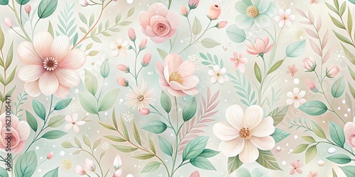 A delicate watercolor floral pattern featuring soft pastel blossoms and verdant foliage, ideal for textile design or wallpaper applications